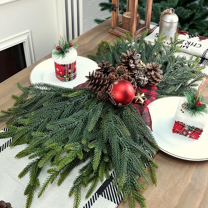 50 Pcs Pine Branches - Real Touch Artificial Pine Stems - Christmas Greenery Picks for DIY Wreaths Garlands Vase Arrangements, Indoor Outdoor Christmas Decor