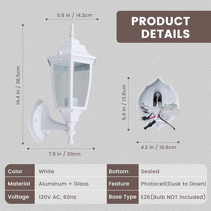 Photocell-Controlled Outdoor Wall Light – Die-Cast Aluminum & Glass Water-Resistant Exterior Fixture, Wet Location Rated, E26 Base (60W Max) for Porch, Garage, Garden(White)