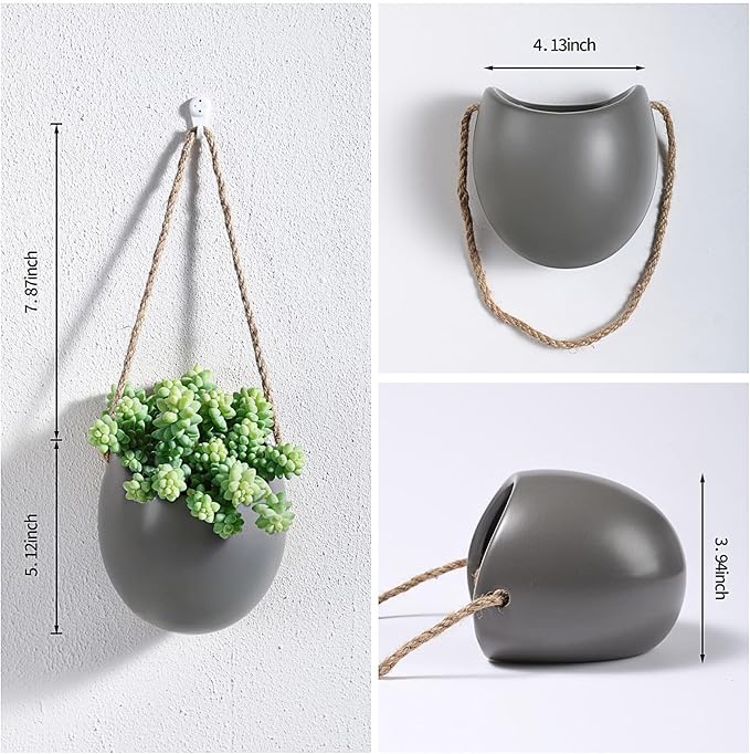 Set of 3 Ceramic Wall Planters with Hooks, Hanging Planter for Greenery and Dried Flowers, Home & Office Wall Decor