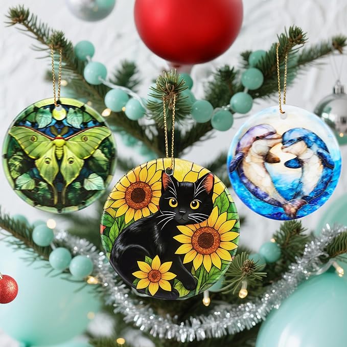 Christmas Ornaments, Dodosky 2.8in Ceramic Black Cat Ornament, Xmas Decor, Christmas Tree Ornaments, Xmas Decorations for Tree, Holiday Ornament, Gifts for Cat Lovers, Pet Gift, Gifts for Women, Mom