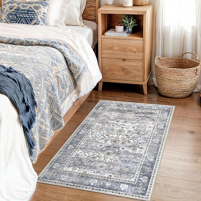 KUTA Vintage 2x3 Entryway Rug, Washable Kitchen Rugs & Ultra Thin Soft Throw Rug, Non-Slip Floral Distressed Print Grey Blue, Perfect for Front Door, Bedside, or Small Spaces