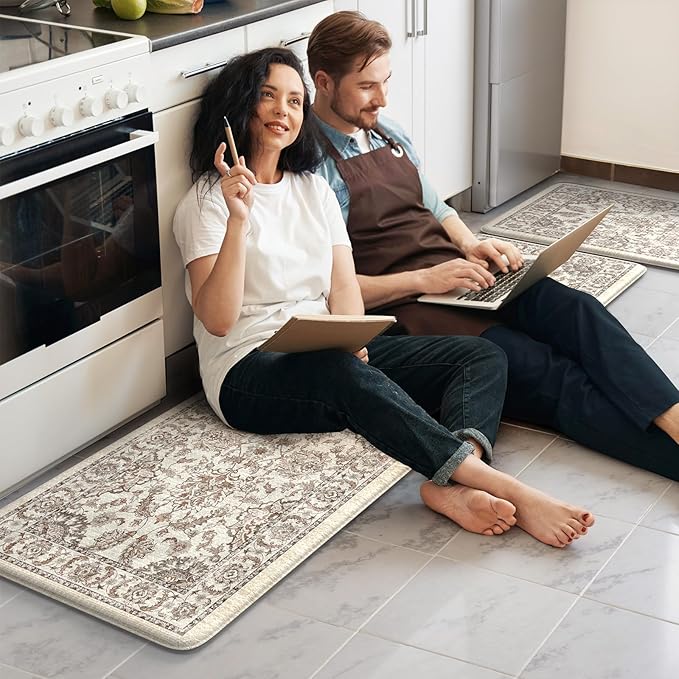 KIMODE Anti Fatigue Kitchen Rugs Sets of 2, Ergonomic Standing Cushioned Kitchen Floor Mats, Boho Kitchen Runner Stain Resistant, Non Slip Laundry Sink Rug Waterproof, 17.3"x59"+17.3"x29", Khaki
