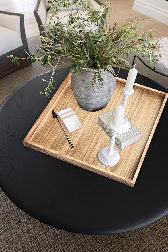 Square Wood Ottoman Serving Tray 24" - Rustic Wooden Table Tray for Farmhouse Decorative Oversized Coffee Table Trays Living Room Kitchen Counter Breakfast Nature