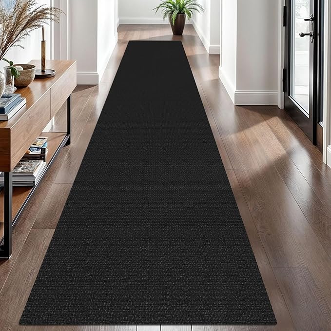 EARTHALL Woven Runner Rug 2.6x12 Ft Washable Runners for Hallways Extra Long Cotton Non Slip Rubber Backed Kitchen Runner Braided Indoor Floor Carpet for Entryway, Hall, Kitchen, Black/Grey