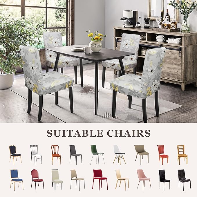 Sufdari Dining Chair Covers,Kitchen Chair Cover,Parsons Chair Slipcover,Spandex Chair Protectors for Dining Room Stretch Chairs Cover Set of 8 -Grey Floral