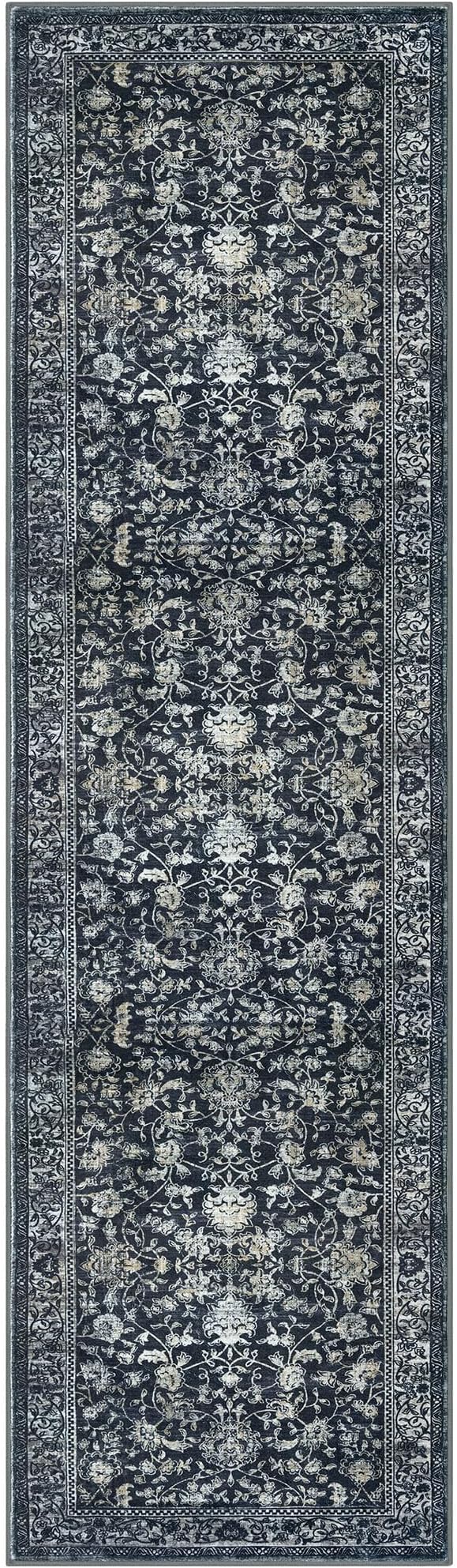 KILOCOCO Hallway Runner 2x7 Rug Runner Printed Vintage Floral Washable Kitchen Runners Non-slip Rubber Backed Runners for Hallways Laundry Room Distressed Boho Rugs for Entryway Bedroom, Navy/Charcoal