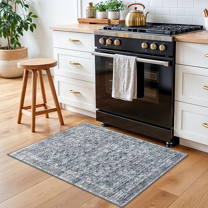 2x3 Washable Rug Soft Area Rug for Entryway, Grey Brown Non-Slip Indoor Door Mat Distressed Floral Low-Pile Kitchen Rugs, Neutral Vintage Carpet for Entrance Kitchen Bedside Farmhouse