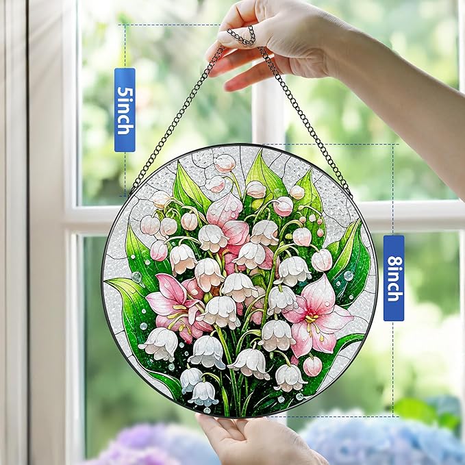 8-Inch Stained Glass Ornament, Stained Glass Window Hanging, Window Hanging Decor Suncatcher, The Valley Lily Flower Ornament | Holiday, Mother's Day, Birthday | Gifts for Flower Lovers, Mom & Grandma