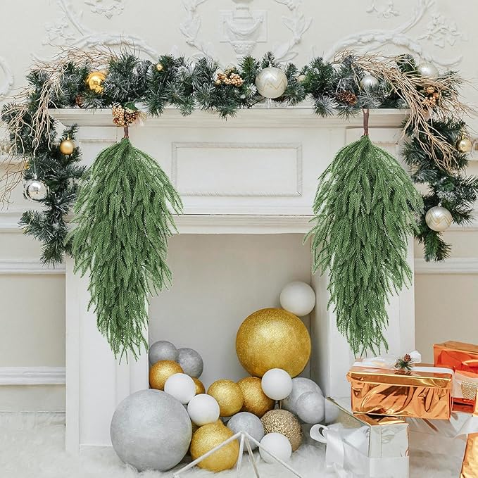 2 Pack 32" Extra Long Artificial Christmas Teardrop Swag - Faux Pine Needles Teardrop Door Swag, Xmas Norfolk Greenery Teardrop Wreath for Door Table Mantle Fireplace Indoor Outdoor Decor, Dark Green
