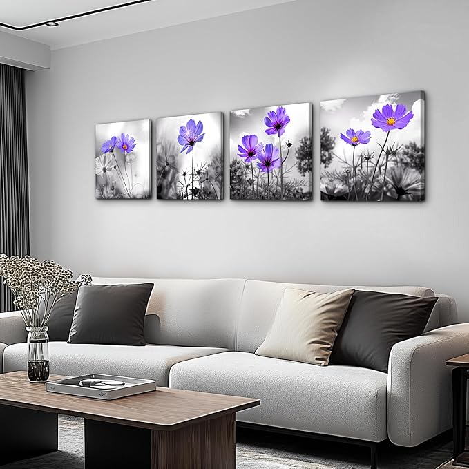 bathroom wall Decor wall art for bedroom Canvas Prints for kitchen poster pictures artwork Home wall Decorations for living room 16" x 16" 4 Pieces Framed Black and white landscape purple flowers