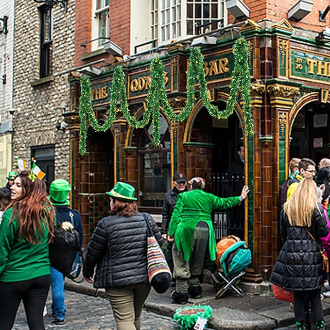 St Patricks Day Garland Decor,50Ft Glitter Tinsel Irish Shamrock Garland Decorations for Tree Mantle Bedroom Office Classroom Party Indoor Outdoor Holiday Home Green Gold