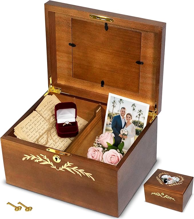 Wedding Keepsake Box With Lock, Large Memory Box for Keepsakes | Decorative Large Wooden Storage Box, with Heart frame Photo Keepsake Box, Baby Memory box | Wooden Gift Boxes-11×8.5×5in