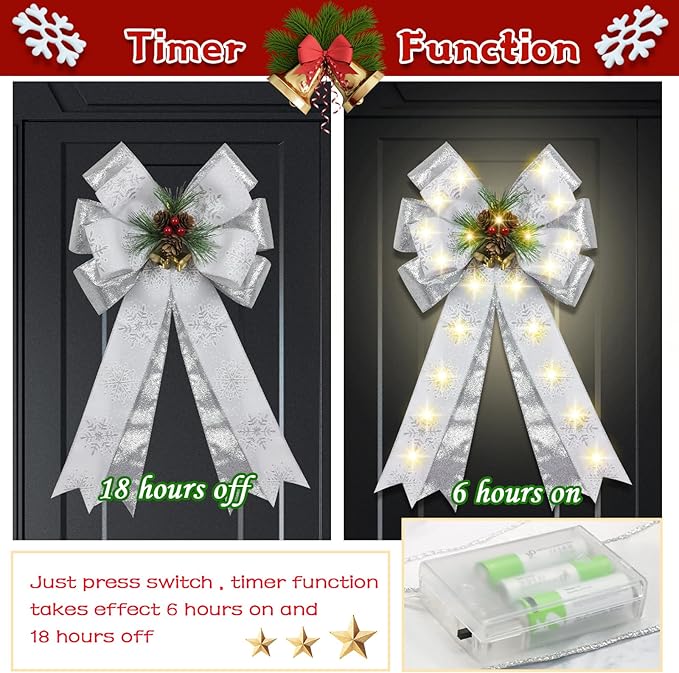 2 Pcs Pre-Light Christmas Decorative Bows for Wreath, 20 X 12” Large Christmas Tree Topper Bow with Bells, Berry, Pine Cones, 40 LED Silver Snowflake Ornament Bow for Indoor/Outdoor- White