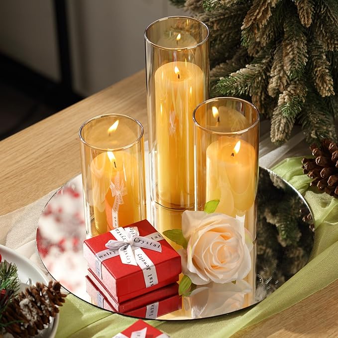 Shihanee 36 Pcs Pillar Candles and Glass Cylinder Vases Tall Cylinder Holders for Pillar Candles Wedding Centerpieces, Total 18 Sets(2.6'' X 4.7'', 5.9'', 7.9'',Amble,Ivory White)