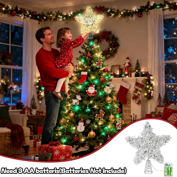 Christmas Tree Topper Star Silver Tinsel Star Tree Topper 10 Inch Lighted Tree Topper Battery Operated Christmas Tree Decoration for Holiday Indoor Decoration Warm White Light