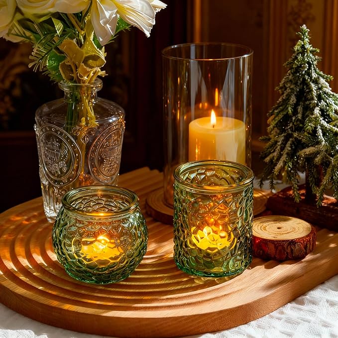 24-Piece Green Glass Votive Candle Holders Set – Tealight Candle Holder Glass Bulk with 12 Round & 12 Hammered Textured Cups, Green Votive Candle Holders for Weddings, Parties, Home