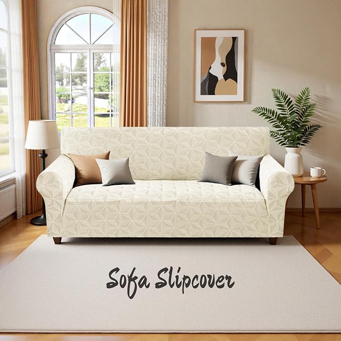 YEMYHOM 1 Piece Stretch Oversized Couch Covers for 4 Seat, Jacquard Extra Large Sofa Cover with Non-Slip Elastic Bottom, Thickened Slipcover Furniture Protector for Dogs Pets (X-Large, Beige）