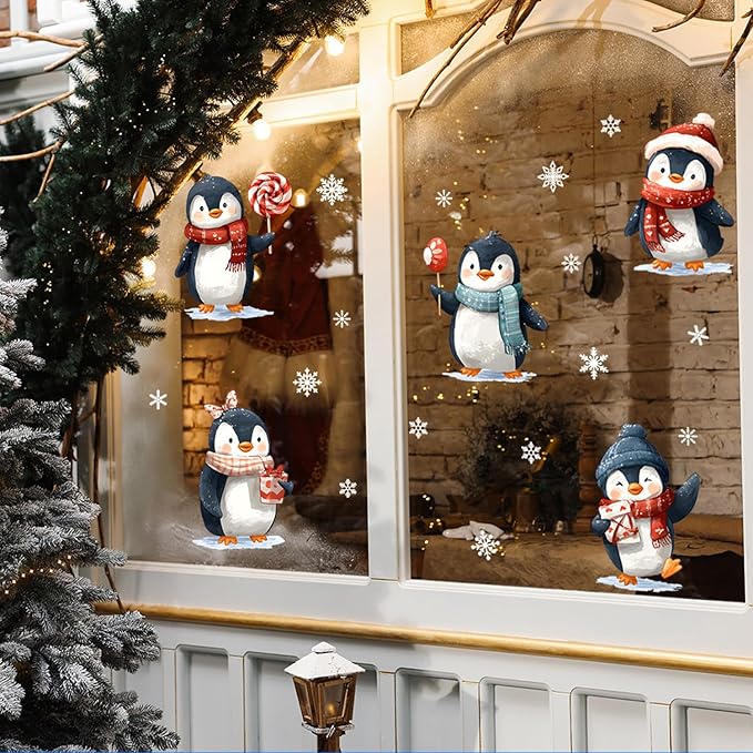 Christmas Penguin Wall Decals Stickers — Cute Winter Penguins with Scarves, Hats, Candy, and Gifts Removable Vinyl Wall Decor for Living Room, Bedroom, Office, Holiday Decoration