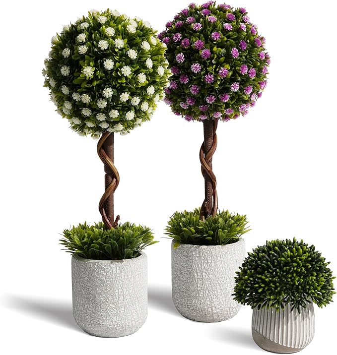 3 Pack Small Fake Plants 14 Inch in Farmhouse Concrete Planter, Artificial Boxwood Topiary ball Indoor for Home Decor, Small Faux Plants for Bathroom Bedroom Shelf Office Kitchen Room Decor - Flowers