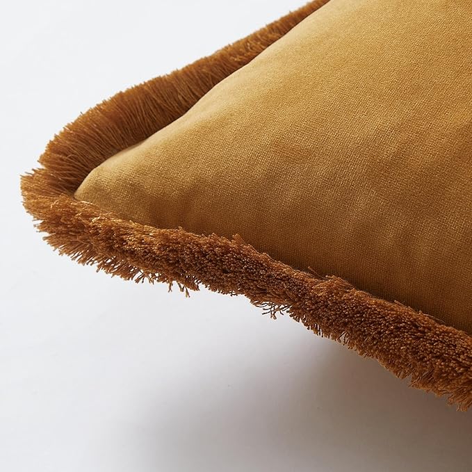 JUSPURBET Mustard Yellow Decorative Velvet Fringe Throw Pillow Covers 22x22 Set of 2 Boho Soft Cushion Case for Home Decor Living Room Couch Sofa Bed