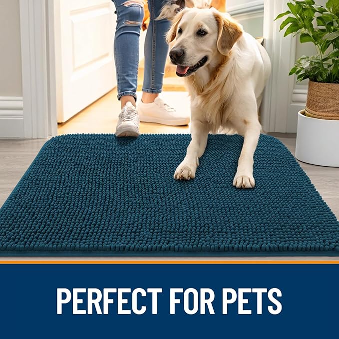 OLANLY Dog Door Mat for Muddy Paws 47x20, Absorbs Moisture and Dirt, Absorbent Non-Slip Washable Doormat, Quick Dry Chenille Mud Mat, Entry Indoor Entryway Carpet for Inside Floor, Atlantic Blue