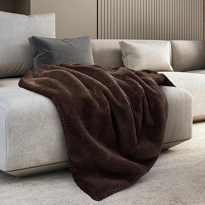 Mon Chateau 60" x 70" Hearthside Faux Fur Throw Blanket, Reversible Soft Blanket for Queen-Size Bed, Couch, or Sofa, Cozy Home Decor and Stylish Living Room Comfort, Winter Cream (Chestnut)