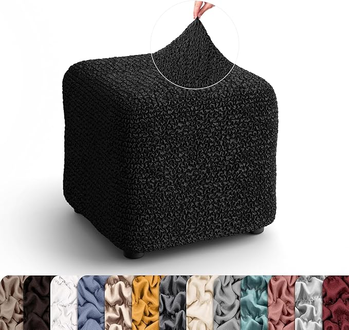 PAULATO BY GA.I.CO. Small Ottoman Cover Stool Cover Pouf Slipcover - Soft Polyester Fabric Slipcover - 1-Piece Form Fit Stretch Furniture Protector - Microfibra Collection -Black (Ottoman)