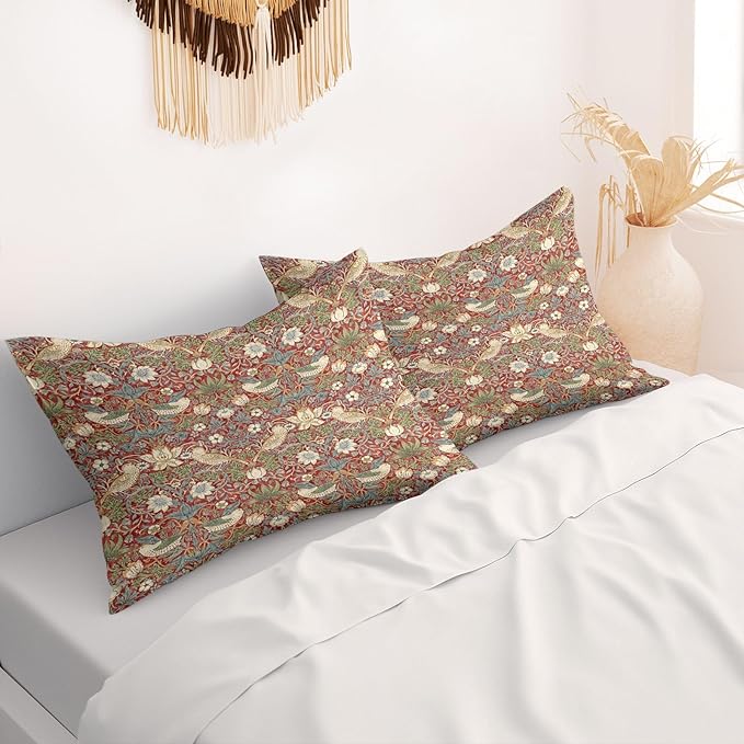 William Morris Pillow Protectors with Zipper Standard Size Red Strawberry Birds Print Pillow Covers Set of 2 Vintage Floral Botanical Pillow Cases Rustic Nature Flowers Bed Pillow Covers 20"x36"