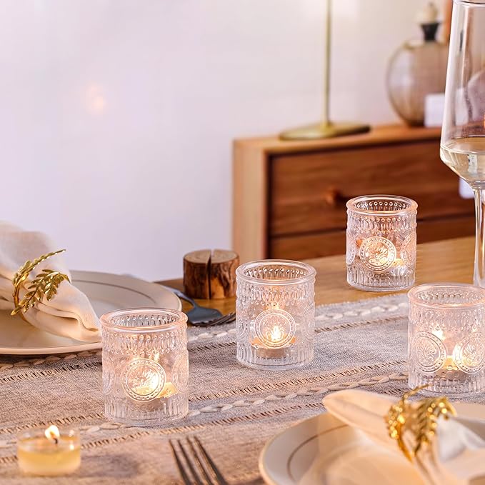 12 Pcs Clear Votive Candle Holders, Glass Tealight Candle Holders Embossed Candle Holder for Wedding Table Centerpiece, Home Decor, Birdal Shower, Party
