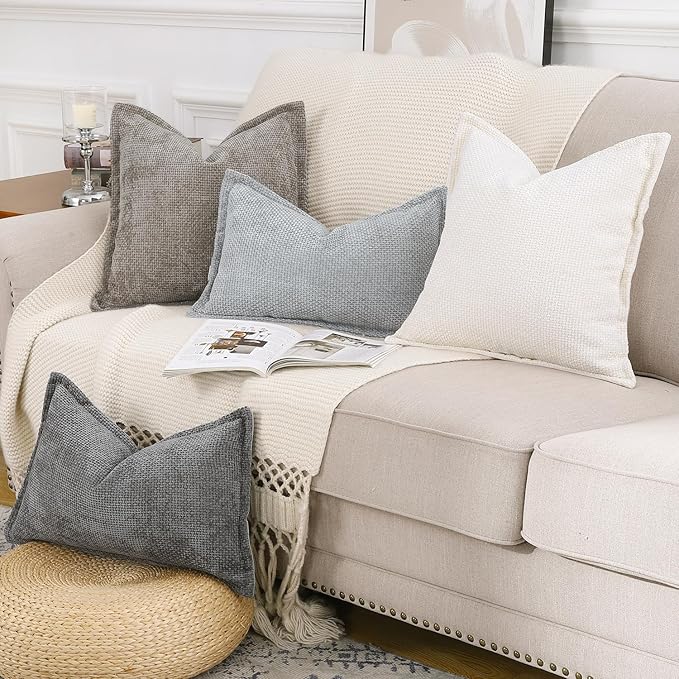 MADIZZ Chenille Velvet Throw Pillow Covers with Flange Set of 2 Super Soft Boho Textured Pillow Covers Decorative Throw Pillowcases Modern Farmhouse Home Decor for Sofa Bedroom Taupe 12x20 Inch