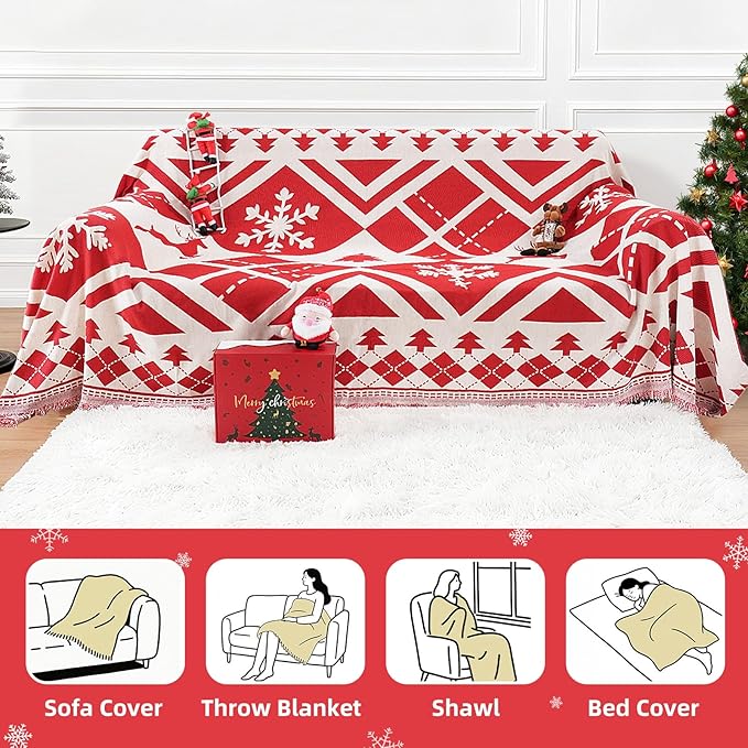 Christmas Couch Cover with Gift Box, Sofa Cover Christmas Tree and Snowflake Design, Sofa Cover for 2 Cushion Couch, Holiday Couch Cover Blanket, Xmas Home Room Festival Decoration, Xmas Gifts