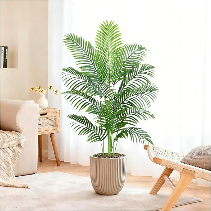 Artificial Fake Palm Tree 4FT Tropical Faux Palm Trees in Pot with 13 Trunks and Real Bark Design Areca Floor Plant Faux Palm Plant for Indoor Outdoor Home Decor