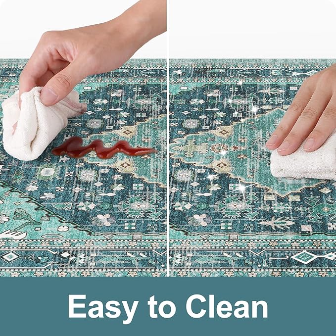 Collive Boho Kitchen Mats for Floor 2 Piece, Cushioned Anti Fatigue Kitchen Floor Mat Non-Skid Waterproof Under Sink Rug, Teal/Multi Comfort Standing Desk Rugs for Office, 17"x30"+17"x47"