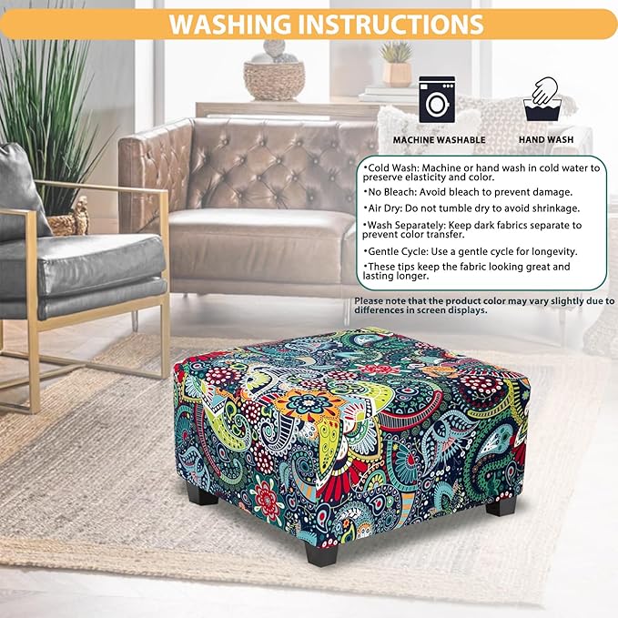 Ottoman Cover Square Slipcovers Printed,Stretch Footrest Stool Cover for Ottoman Square,Soft Foot Stool Cover Protector with Nonslip Elastic Bottom (Medium,Navy&Green)