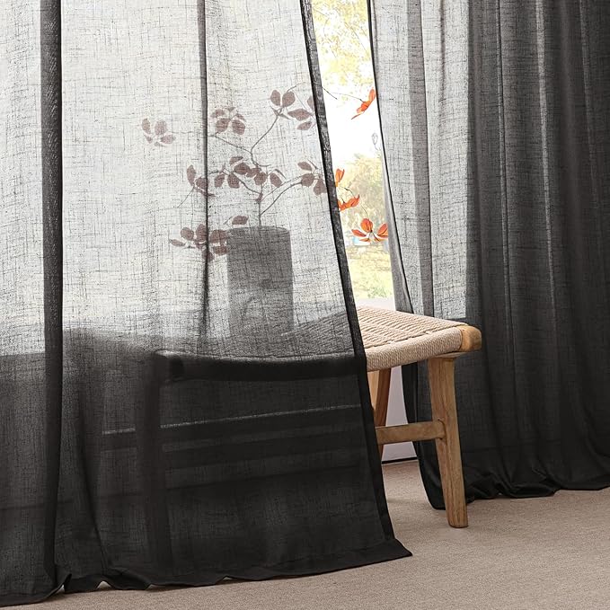 Black Linen Curtains 108 inches Long 2 Panel Set for Living Room Back Tab Light Filtering Semi Sheer Flax Linen Textured Extra Long Ceiling to Floor Window Drapes For Large Window Hallway Office