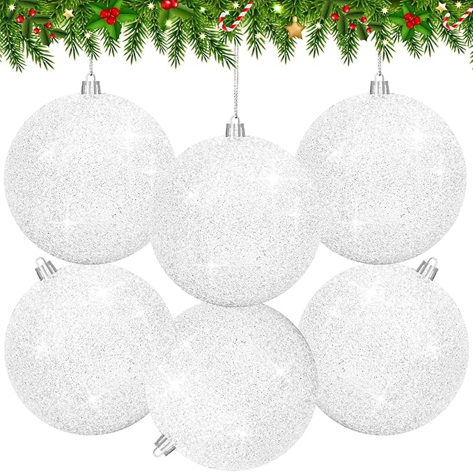 6Pack 4inch Large Christmas Balls Christmas Tree Decoration Ornaments Shatterproof Glitter Christmas Hanging Balls for Christmas Tree Party Indoor Outdoor Decoration (White, 4inch-6pcs)