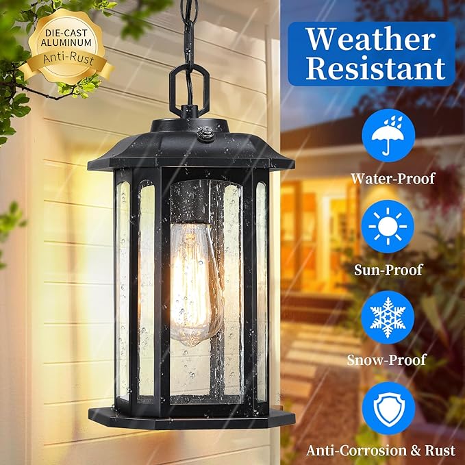 13.4'' Dusk to Dawn Outdoor Pendant Lights for Porch, Black Hanging Porch Light with Seeded Glass, Waterproof Outdoor Chandelier Farmhouse Ceiling Light Fixture Lanterns, 1Pack