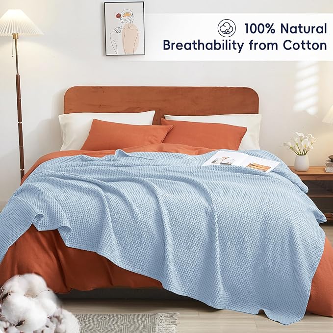PHF Pre-Washed Cotton Waffle Weave Blanket Throw Size for Couch Bed,Snag Proof Spring Summer Lightweight Breathable,Oeko-TEX Certified,Machine Washable, Home Decor Gift，Sky Blue/Baby Blue