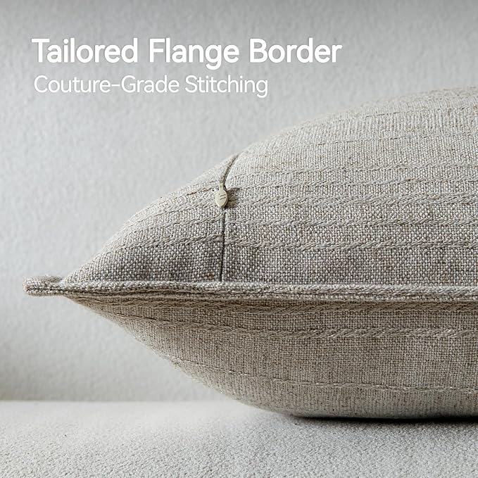 a moment Linen Pillow Covers Set of 2,Boho Farmhouse Throw Pillowcases Neutral Textured Decorative Covers for Couch Sofa Bed, Soft Linen Blend Accent Case Cushion Home Decor 18"x18" Beige Grey