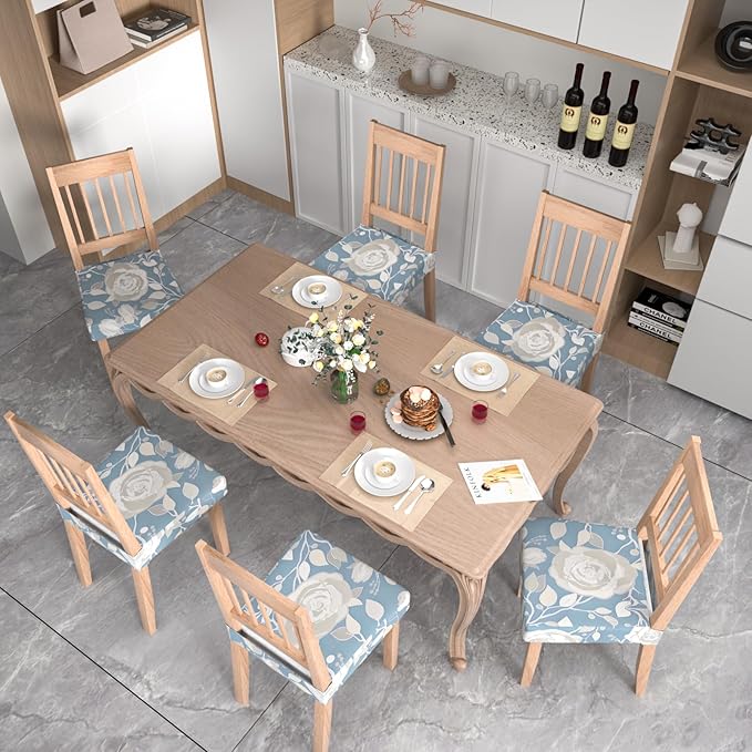 Stretch Dining Chair Seat Covers Set of 4,Dining Chair Slipcovers, Floral Printed Chair Covers,Soft Fabric Washable Upholstered Chair Seat Protector, No Rear Covers for Home Kitchen Dining Room