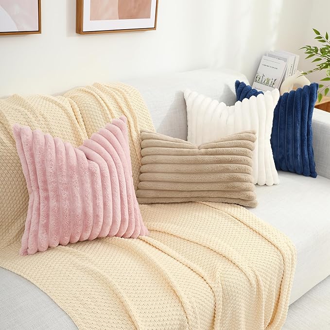 decorUhome Faux Fur Christmas Throw Pillow Covers 12x20 Set of 2, Decorative Soft Plush Striped Neutral Couch Euro Pillow Covers with Velvet Back for Sofa, Bed, Living Room Home Decor, Khaki Brown