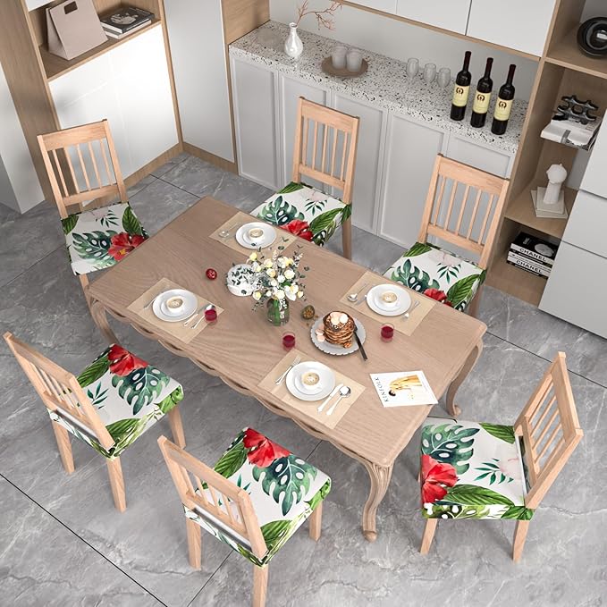 Stretch Dining Chair Seat Covers Set of 6,Dining Chair Slipcovers, Floral Printed Chair Covers,Soft Fabric Washable Upholstered Chair Seat Protector, No Rear Covers for Home Kitchen Dining Room