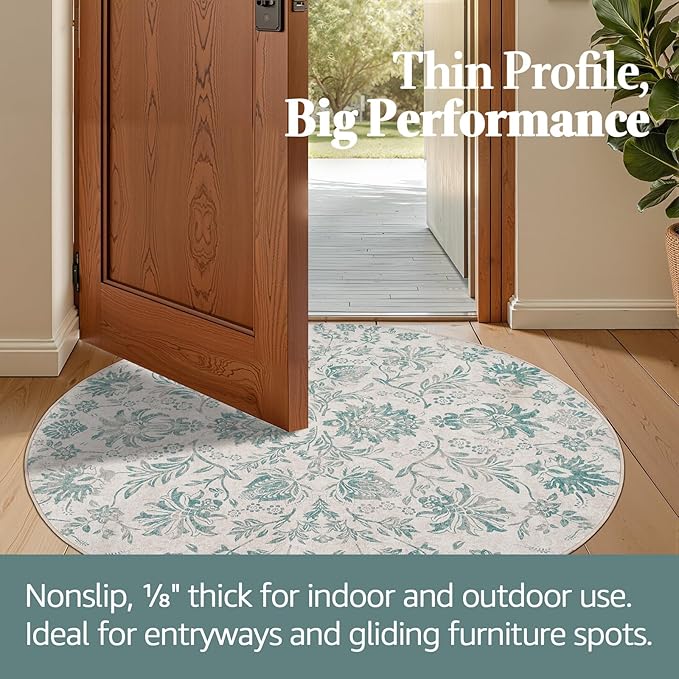 jinchan Torino Classic Floral Round Rug 5ft Vintage-Inspired Design 5’Circle Rug Machine Washable Ultra-Thin Low-Pile Non-Slip Indoor Carpet for Bedroom Dining Room Living Room Entryway
