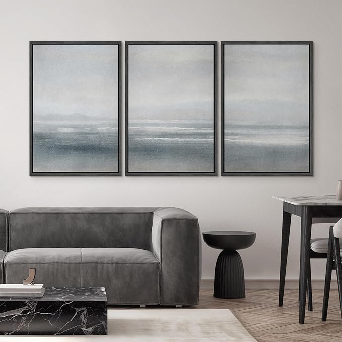 SIGNWIN Framed Canvas Print Wall Art Set Serenity Seascape Soft Blue Ocean Views Modern Art Decorative Rustic Calm/Zen for Living Room, Bedroom, Office - 16"x24"x3 Black