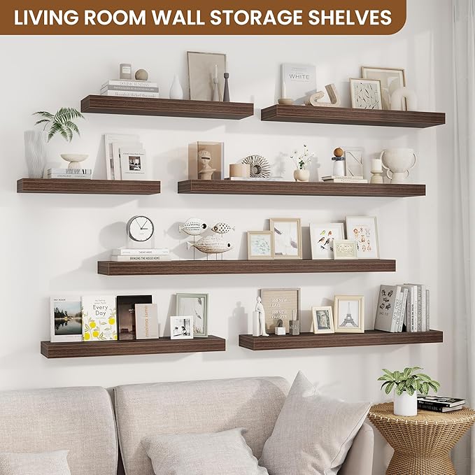 fuqing Floating Shelves for Wall, Wall Mounted Wood Floating Shelf with Invisible Brackets for Living Room, Bathroom, Bedroom, Kitchen Storage and Decor, 16 Inch Set of 2, Walnut