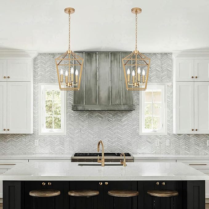 MELUCEE 4-Light Gold Farmhouse Chandelier Iron Lantern Pendant Light Rustic Cage Hanging Light Fixtures Industrial Foyer Lights for Kitchen Island Dining Room Hallway Foyer Entryway, E12 Base