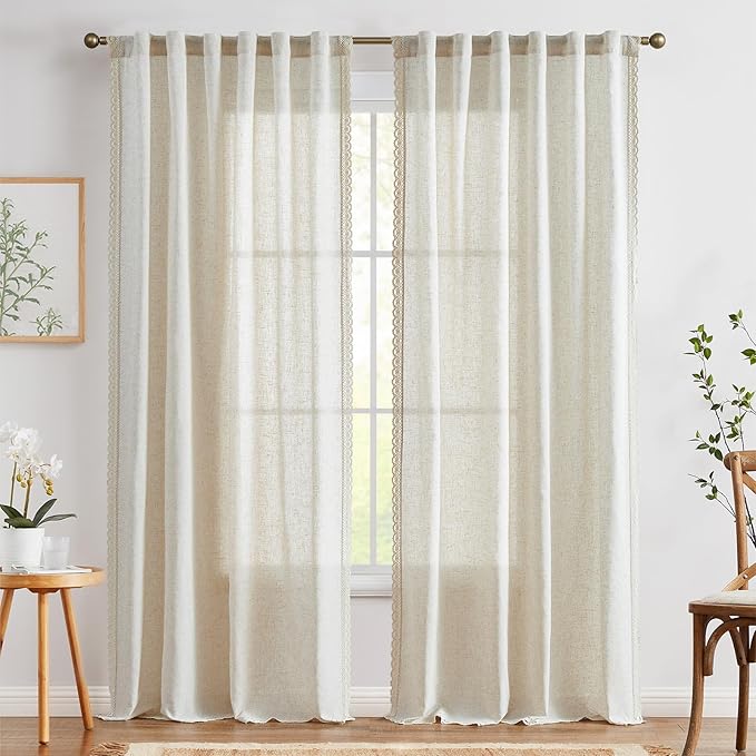 jinchan Linen Curtains for Living Room Bedroom Light Filtering Semi Sheer Curtains Boho Farmhouse French Country Cottage Core Decor Window Drapes Back Tab 90 Inch Length Laced Beige