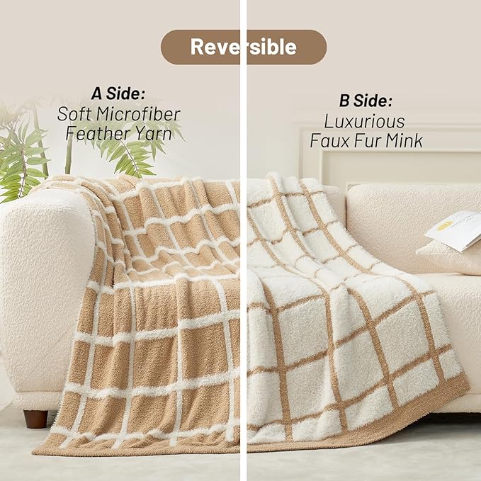 Amélie Home Cable Knit Throw Blanket for Couch, Bicolour Super Soft Fuzzy Blanket for Sofa, Luxury Cozy Fluffy Throw for Room Decor, 50" x 60", Plaid Beige