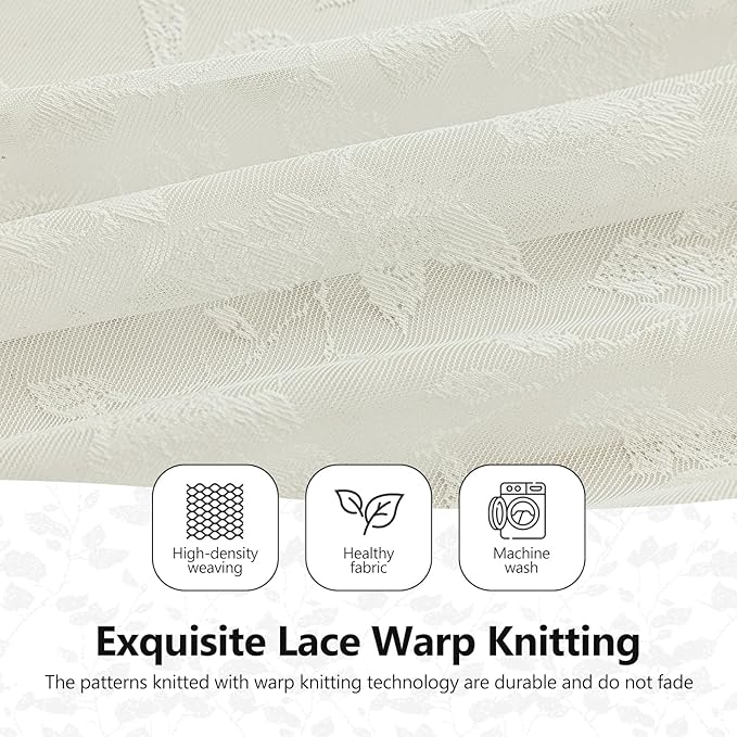 Ivory Lace Semi-Sheer Curtains 2 Panels – Vintage Leaves Pattern Lace for Bedroom/Kitchen, Rustic Privacy Light Filtering Rod Pocket Window Treatments Drapes, Elegant Chic, 52W x 45L Inch