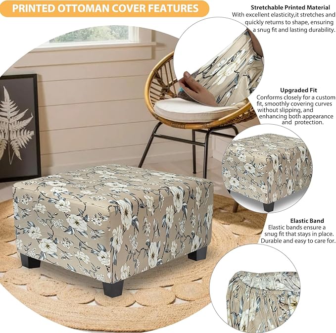 Ottoman Cover Square Slipcovers Printed,Stretch Footrest Stool Cover for Ottoman Square,Soft Foot Stool Cover Protector with Nonslip Elastic Bottom (Medium,Flower A)